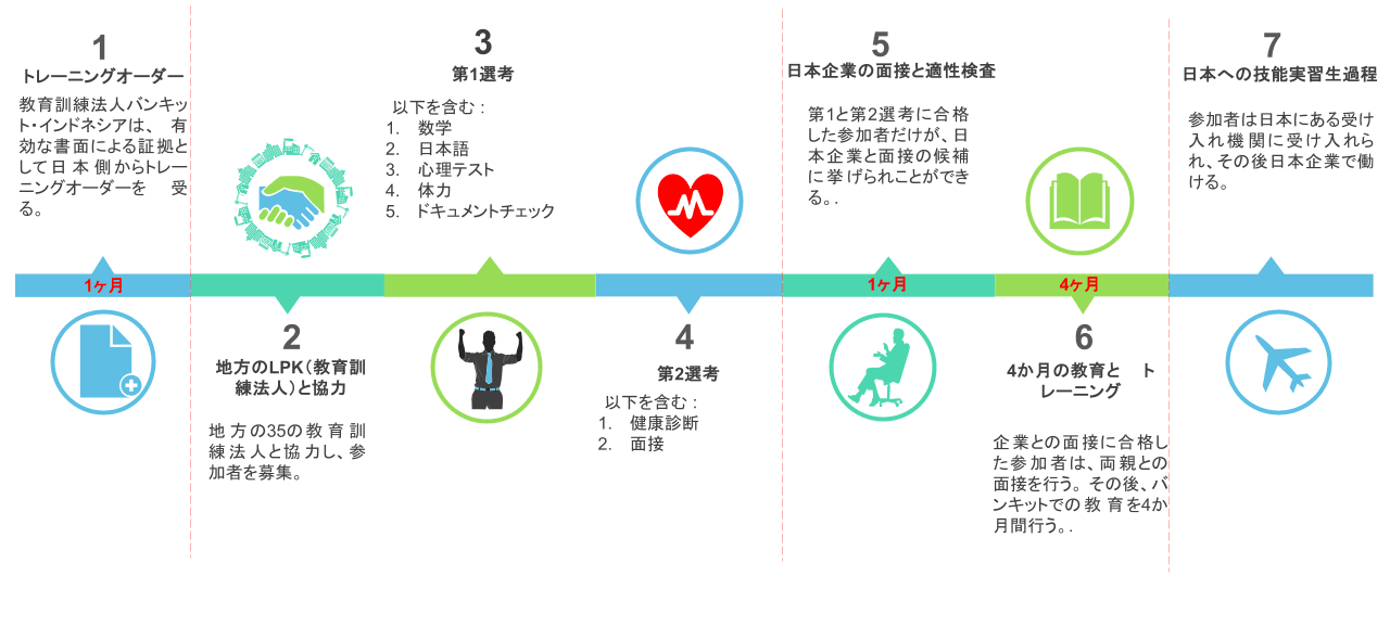 Flowchart outlining a 7-step training process for candidates preparing for internships in Japan.