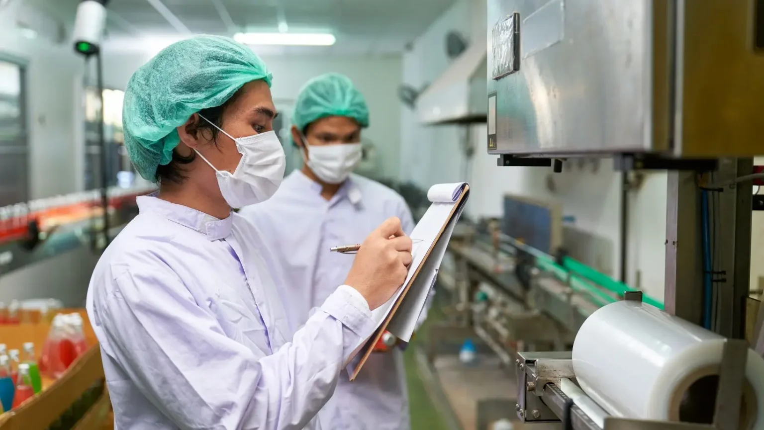 Two workers in white lab coats and green hairnets inspect equipment while taking notes in a beverage production facility.